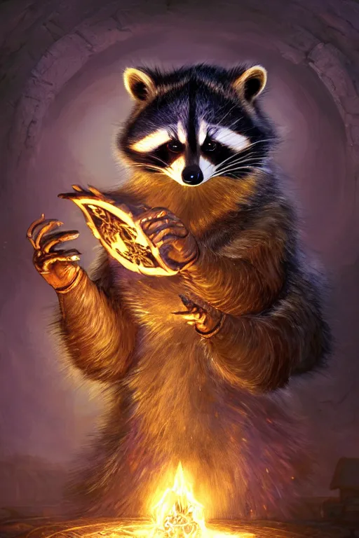 Image similar to closeup 3 5 mm anthropomorphic sorcerer raccoon casting a spell in a castle, d & d, fantasy, intricate, action pose, particle effects, highly detailed, digital painting, artstation, concept art, matte, sharp focus, volumetric lighting, illustration, hearthstone, art by artgerm, wlop, greg rutkowski and alphonse mucha