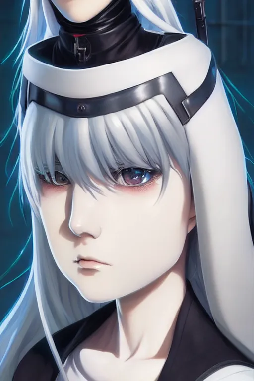 Image similar to portrait Anime cyborg girl in nun clothes, holy church Warhammer 40000, cute-fine-face, white-hair pretty face, realistic shaded Perfect face, fine details. Anime. realistic shaded lighting by Ilya Kuvshinov katsuhiro otomo ghost-in-the-shell, magali villeneuve, artgerm, rutkowski, WLOP Jeremy Lipkin and Giuseppe Dangelico Pino and Michael Garmash and Rob Rey