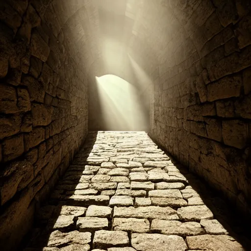 Image similar to a film still of an ancient stone hallway with a dirt floor, the stone wall has ancient stone carvings, sunlight is coming from above, god rays, volumetric lighting, film grain, wide shot