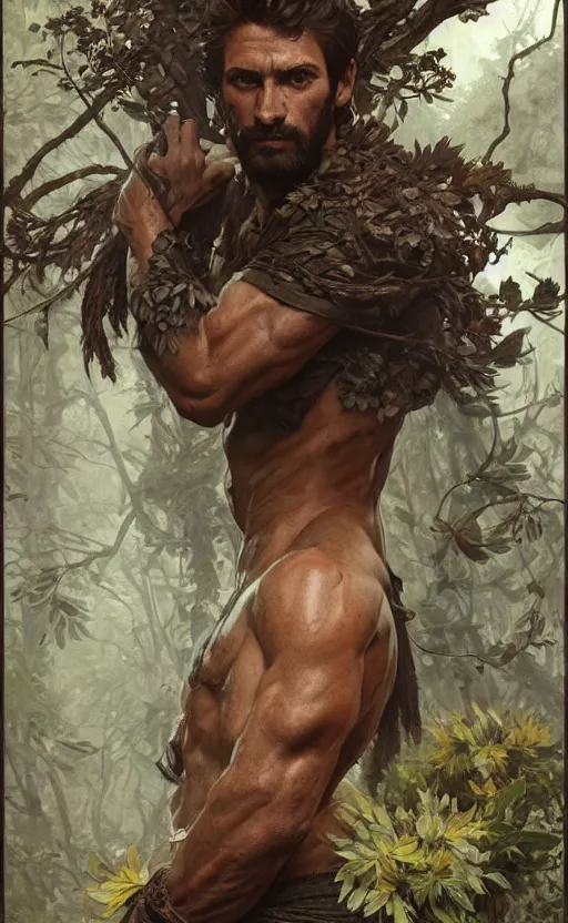 Image similar to god of the forest, 3 0 years old, rugged, male, gorgeous, detailed face, amazing, full body, flowers, muscular, intricate, highly detailed, digital painting, artstation, concept art, sharp focus, illustration, art by greg rutkowski and alphonse mucha