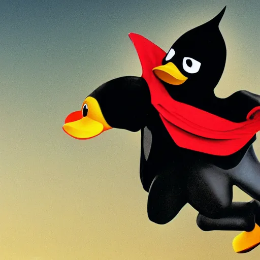 Prompt: An anthropomorphic duck wears a black superhero costume with a black mask and a red cape. Comic book style