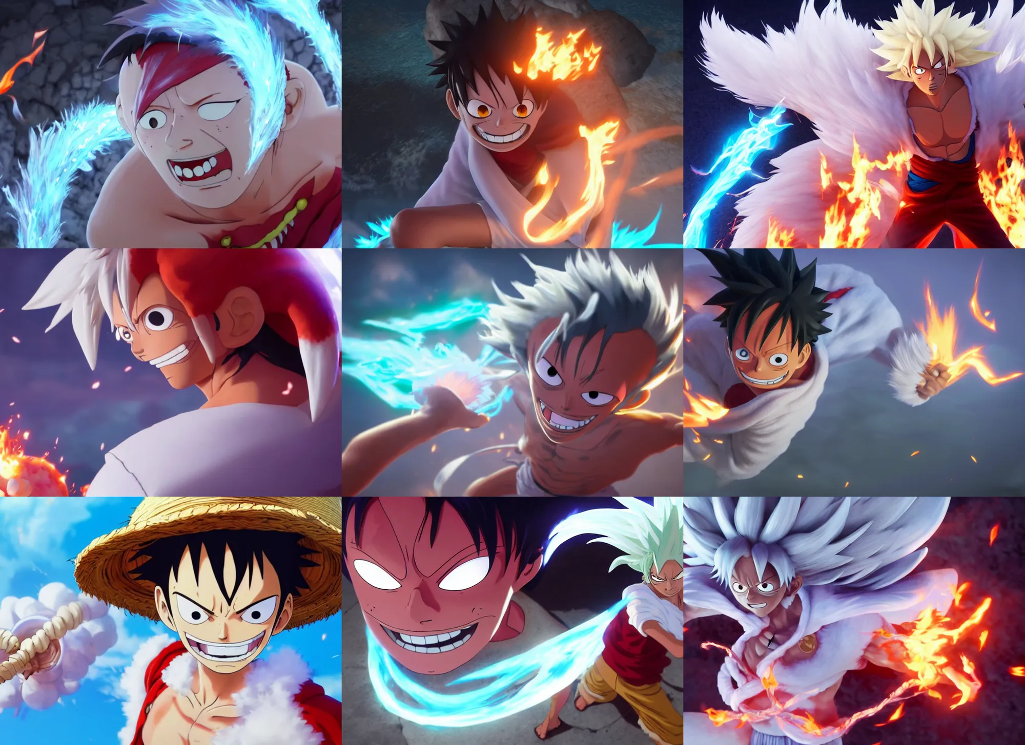 Prompt: Luffy turning into his new form with a white fire hair, luffy with fire white hair, his new power GEAR 5, close up shot, studio Ghibli, Pixar and Disney animation, sharp, Rendered Unreal Engine 5, film key art, Greg Rutkowski, Bloom, dramatic lighting