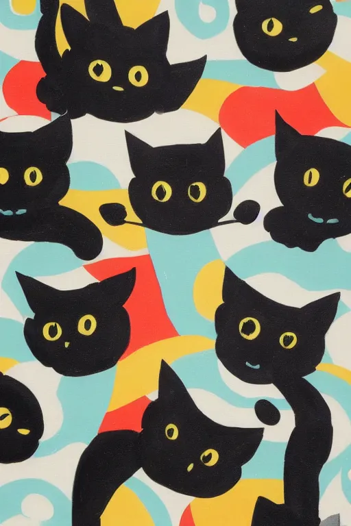 Image similar to mid century oil painted background modern black cat 5 0 s style colors