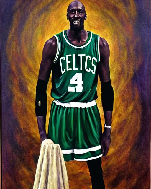 Prompt: portrait of boston celtics kevin garnett as a wizard at hogwarts, full body, mystical, magic, wizard, oil on canvas by william sidney mount, award winning