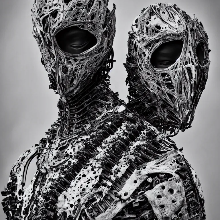 Image similar to face portrait spinal biomechanical matte black exoskeleton armor masked people from future tokyo fashion photography, artistic photography, beautiful hypebeast 8K intricate detailed fashion promo
