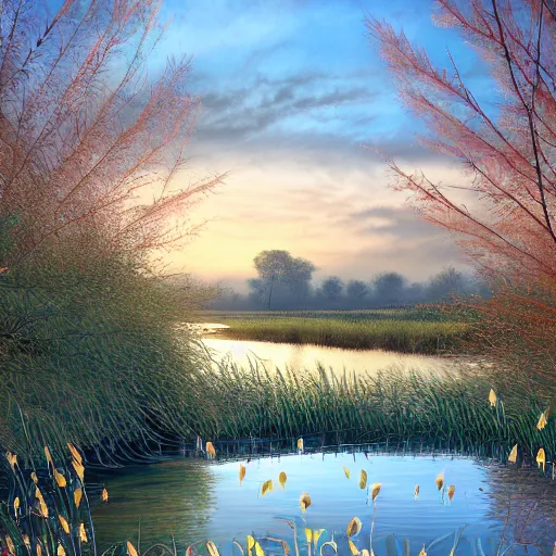 Image similar to a majestic blue heron in shallow river, waterfalls in distance, left border beautiful willow, right border cherry blosom trees, lily pads bullrushes marsh clouds, golden hour intricate by mcquarrie martin lagerstadt, digital art, highly detailed, artstation