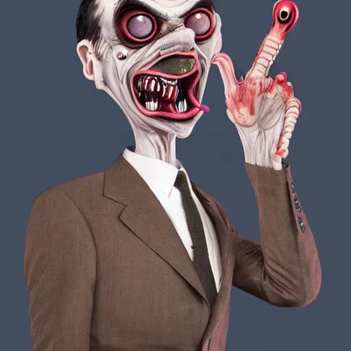 Prompt: mr bean as a monstrous alien, body horror, claws, teeth, bones