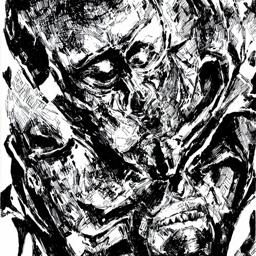 Image similar to A dramatic close-up portrait of Doctor Doom by Jack Kirby and Jim Steranko, highly detailed, 8k, sparse dark atmosphere, perfect pen and ink line art, large hulking figure, perfect muscle structure, highly hyperdetailed and precisely inked, perfect facial symmetry, futuristic, cosmic, full color, Marvel Comics 1975, Fantastic Four, dim lights, high technical detail