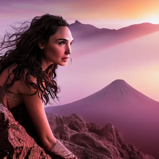 Image similar to Portrait of the beautiful woman Gal Gadot, she is posing, she has a crown of flowers, she is sitting on a rock at the side of a volcano, there is fog, she is getting ulluminated by the rays of the sunset, the photo was taking by Steve McCurry, matte painting, oil painting, naturalism, 4k, 8k