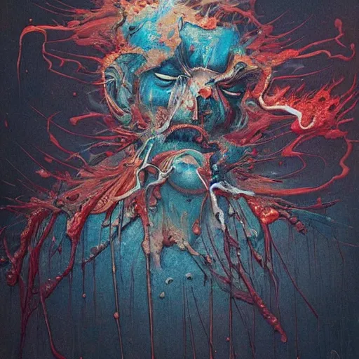 Image similar to a devouring abstract splatters of paint in the style of francis bacon, engulfing flames in the style of james jean, surreal, beksinski, high detailed