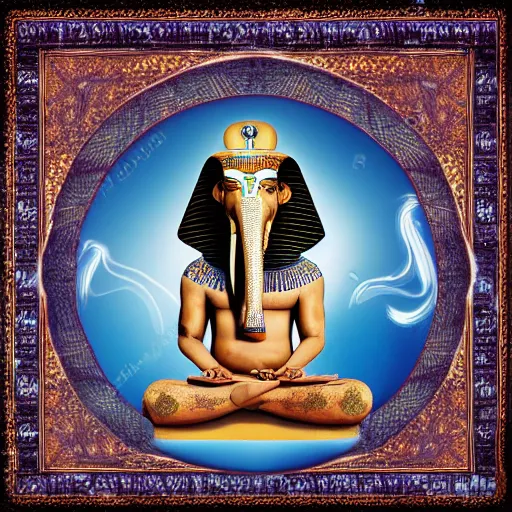 Image similar to professionally edited photo of a hippie egyptian floating elephant powerful spirit meditating on a magic carpet