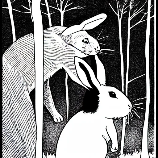 Image similar to an epic profile of a rabbit smoking a cigarette deep in the forest, striking pose, black and white illustration, creative design by junji ito