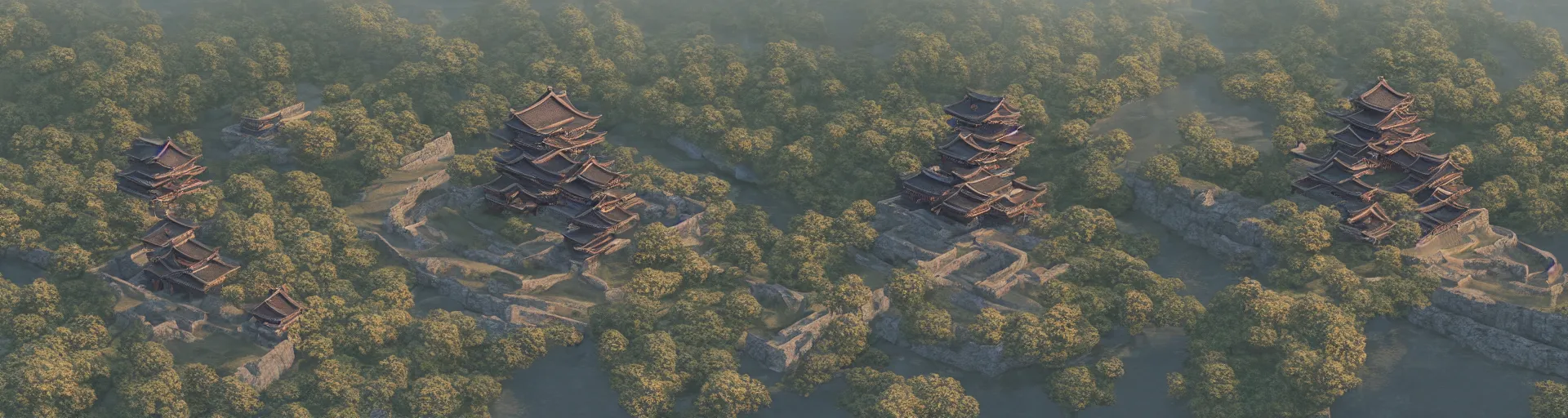 Image similar to photo realistic landscape of medieval japan castle, aerial photography, exquisite detail, octane render, 8 k postprocessing,