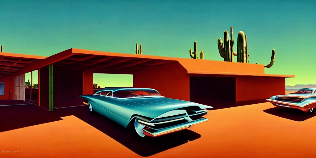 Image similar to a cinematic matte painting of a sleek 1 9 6 0 s vaporwave retro - futurism sci - fi car in a cluttered garage in the american southwest. cactus. by eric lafforgue, glennray tutor and edward hopper, greg rutkowski. trending on artstation.