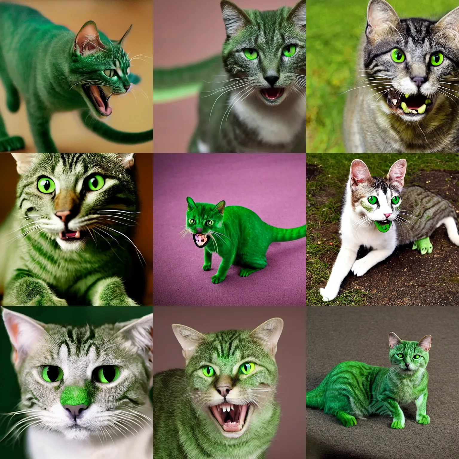 Prompt: a green cat with a dinosaur tail and dinosaur eyes, sharp teeth, ferocious looking