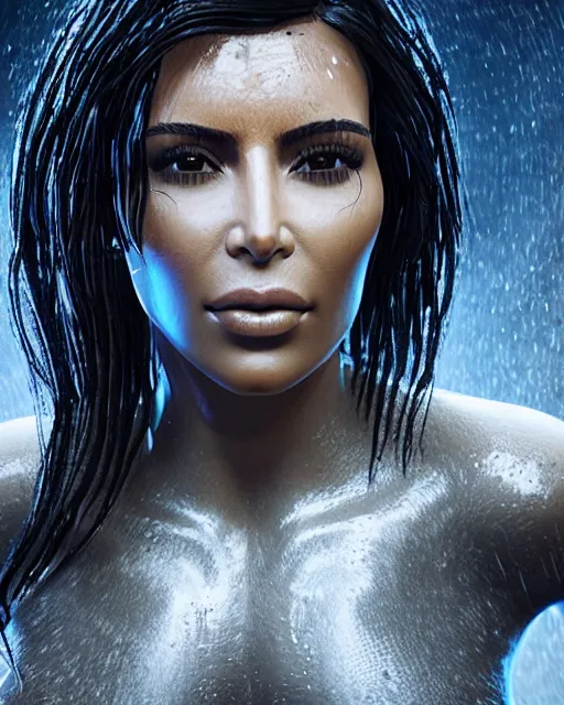 Image similar to cinematic still of kim kardashian being mouth fed by an xenomorph in a transparent alien liquid, wet flowing hair, gooey skin, illustration, unreal engine 5, 8 k, directed by h. r. giger.