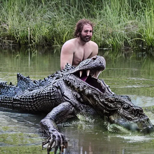 Prompt: werecreature consisting of a human and crocodile, photograph captured at woodland creek