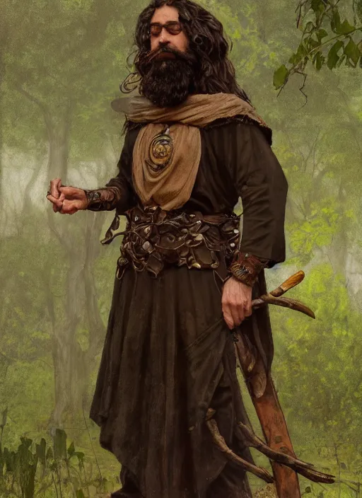 Image similar to medium-length portrait of a male druid with short curly hair and brown eyes, dark brown skin, long beard, happy expression, wears a combination of dark green tunic and boiled leather, medieval setting, highly detailed, digital painting, artstation, concept art, sharp focus, illustration, art by greg rutkowski and alphonse mucha