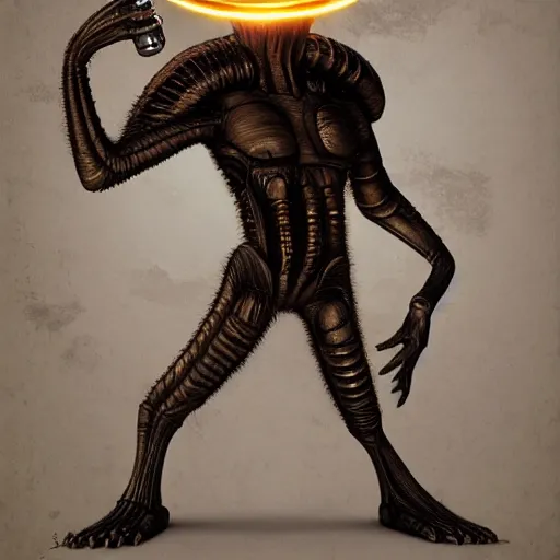 Prompt: h. r. giger alien as indiana jones with a whip and party hat in his head, illustration by irakli nadar