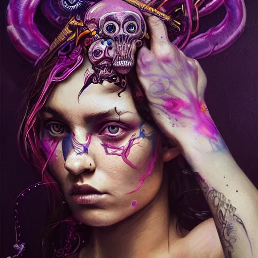 Image similar to art portrait of a furious girl with purple tentacles on her head, 8 k, by tristan eaton, stanley artgermm, tom bagshaw, greg rutkowski, carne griffiths, trending on deviantart, face enhance, hyper detailed, full of colour,