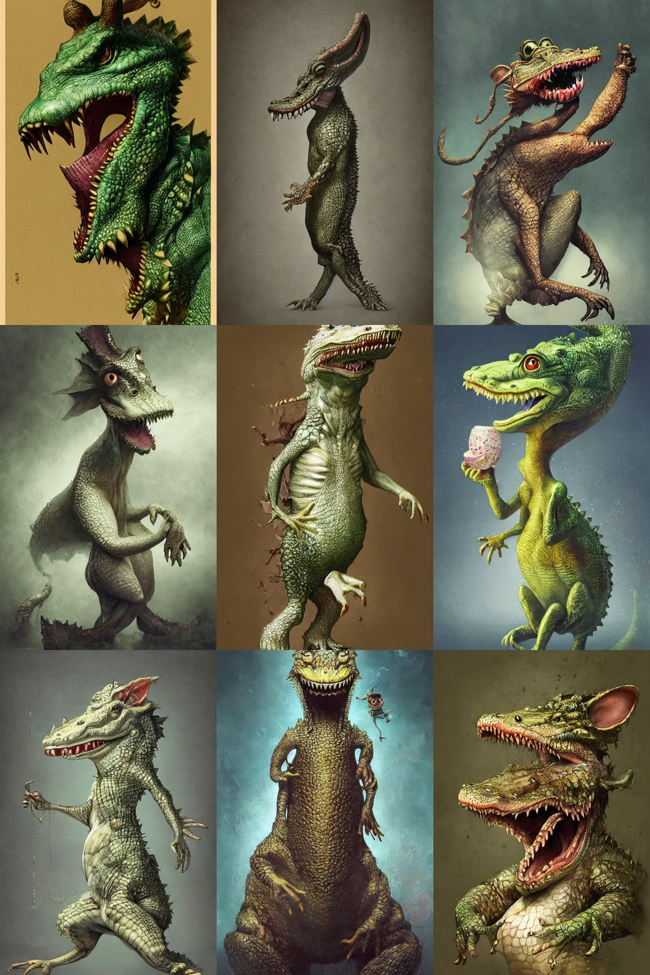 Prompt: anthropomorphic crocodile with small ears wearing an elegant costume from 1 9 9 0 era, realistic, ryohei hase, artgem