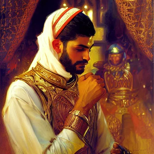 Image similar to attractive arab king confesses his love for his attractive male prince. highly detailed painting by gaston bussiere, craig mullins, j. c. leyendecker