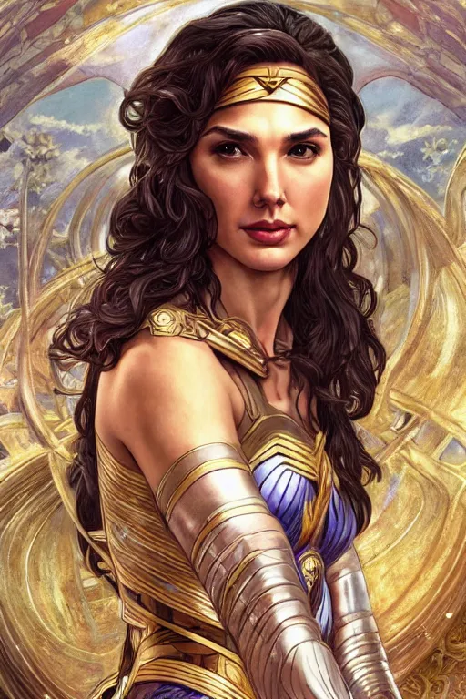 Prompt: Gal Gadot as a Roman Goddess, cute, fantasy, intricate, elegant, highly detailed, digital painting, 4k, HDR, concept art, smooth, sharp focus, illustration, art by artgerm and H R Giger and alphonse mucha