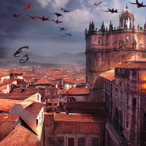 Image similar to the monumental city of caceres with dragons flying over it, dramatic lighting, cinematic, extremly high detail, photorealistic, cinematic lighting, post processed, concept art, artstation, matte painting, style by greg rutkowsky