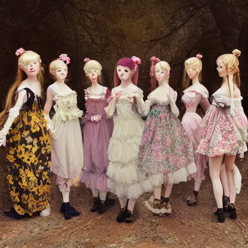 Prompt: 8k, octane render, realism, tonalism, renaissance, rococo, baroque, group of creepy young ladies wearing long harajuku manga dress with flowers and skulls, background chaotic flowers