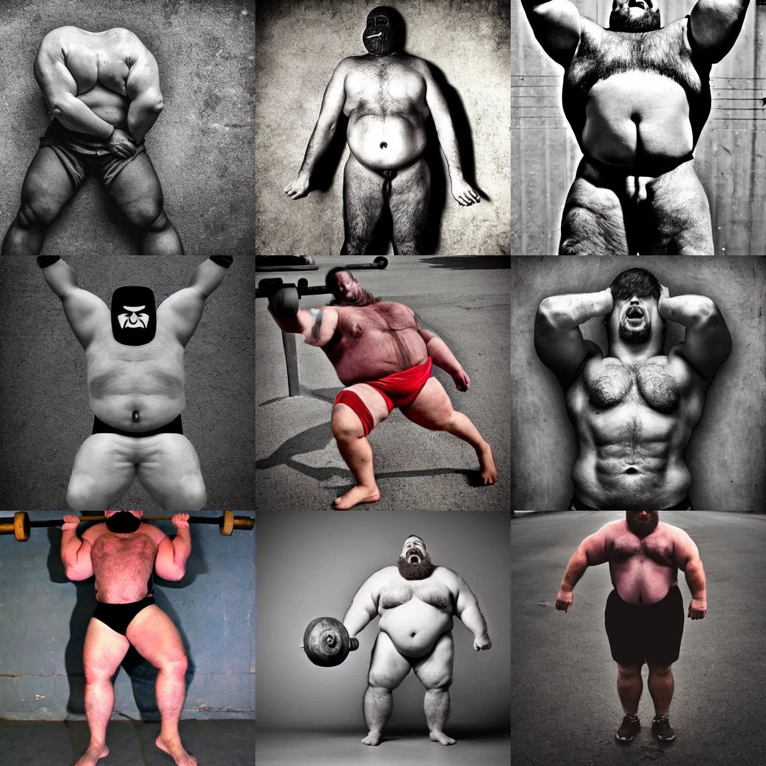 Prompt: headless burly strongman with a face on his belly, photography