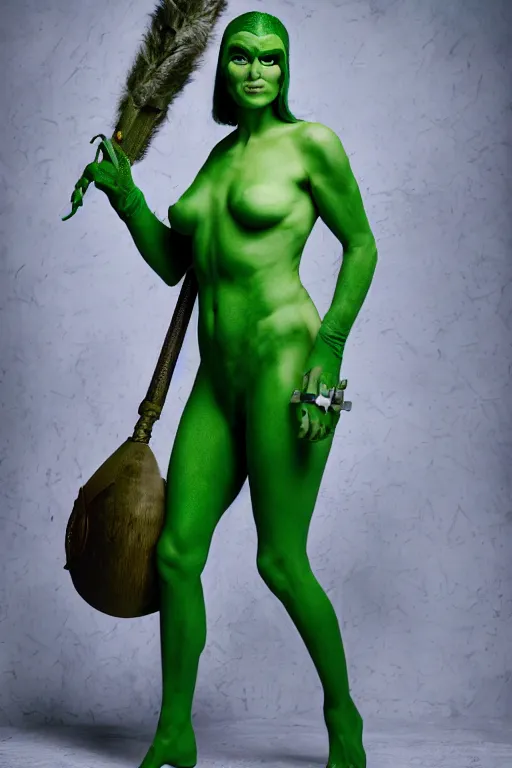 Image similar to a green-skinned female DND verdan, high resolution film still, 8k, HDR colors, cosplay, studio lighting, photo by bruce weber