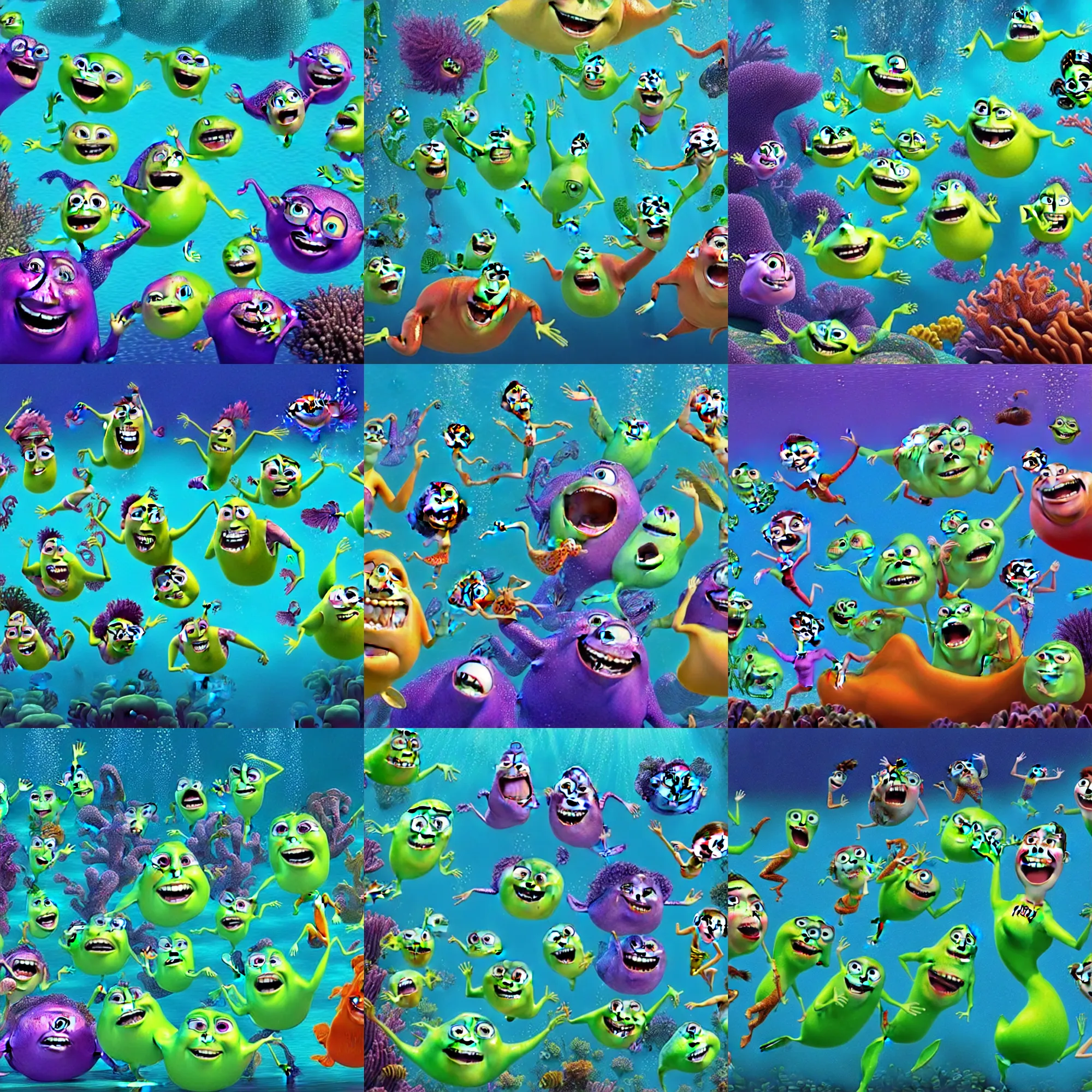 Prompt: a bunch of people dancing underwater, pixar illumination studios animated movie by john lasseter, extremely joyful and eerie smiles, slimy fluid liquid blobs