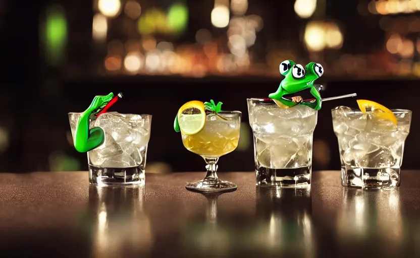 Prompt: formal frog mascots drinking cocktails at a fancy bar, highly detailed, extremely high quality, hd, 4 k, 8 k, professional photographer, 4 0 mp, lifelike, top - rated, award winning, cinematic, realistic, detailed lighting, detailed shadows, sharp, no blur, edited, corrected, trending