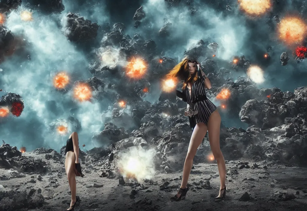 Image similar to fashion editorial in asteroids crashing on earth. gigantic explosions. wide angle shot. highly detailed. depth of field. high definition. 8k. photography.