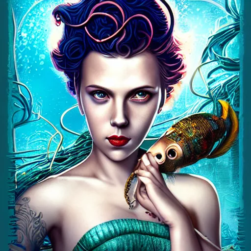 Prompt: lofi underwater mermaid biopunk bioshock portrait of scarlett johansson, octopus, Pixar style, by Tristan Eaton Stanley Artgerm and Tom Bagshaw.