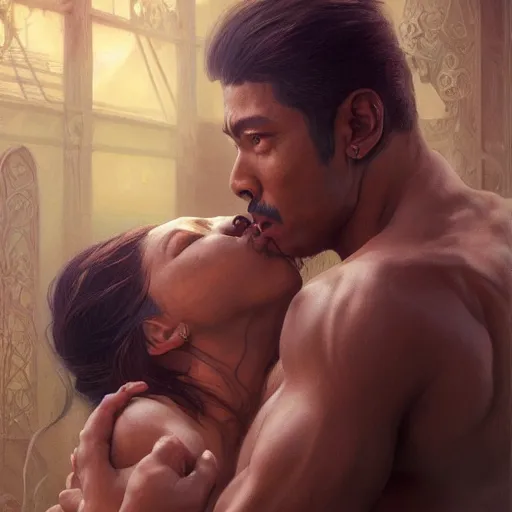 Prompt: portrait painting of dark muscular nepali couple kissing, ultra realistic, concept art, intricate details, eerie, highly detailed, photorealistic, octane render, 8 k, unreal engine. art by artgerm and greg rutkowski and alphonse mucha
