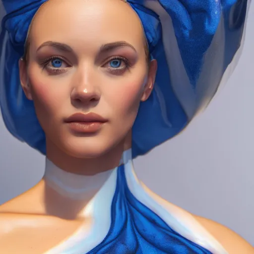 Image similar to a blue marble statue masterpiece of a gorgeous woman made from blue marble with white and gold, macro detailed oily skin. highly detailed, sharpness. victorian dress. hyper realistic., close up, face only, portrait, bright lights, bright render, octane render, corona render