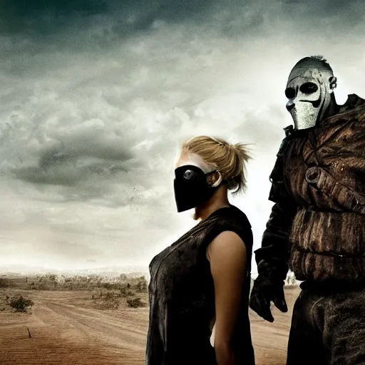 Image similar to a very huge, very big masked mutant man standing next to a small blonde woman, they are staring at the horizon where there are the ruins of a city, postapocalyptic, mad max style, award winning photograph, over the shoulder photo