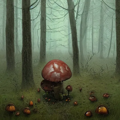 Image similar to an old broken hut mage of huge mushrooms, in an autumn forest, green and brown tones, by Aron Wiesenfeld and beksincki, in the style of of simon stalenhag and Bev dolittle, cinematic, detailed illustration, nature, fog, dark colors, suspense, intricate, 8k in the style