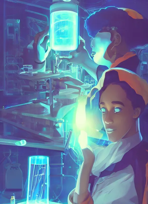 Prompt: afro - futurist scientist in a lab studying holographic schematics + medium length shot | hyperrealistic digital painting by makoto shinkai, ilya kuvshinov, lois van baarle, rossdraws | afrofuturism, in the style of hearthstone, trending on artstation | blue palette