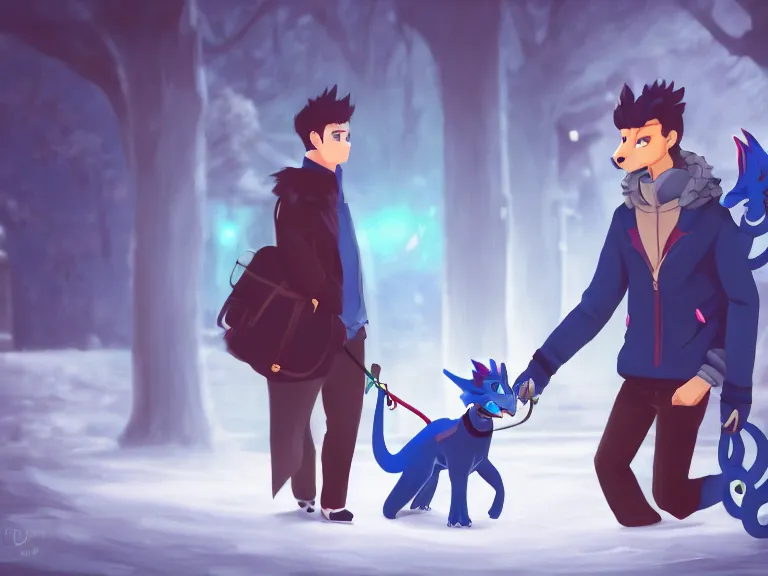 Prompt: Furry art of an anthropomorphic male blue dragon fursona going out on a romantic date with his anthropomorphic male dog boyfriend in Montreal, highly detailed, soft lighting, 4k