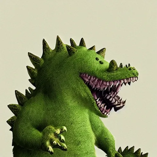 Image similar to furry godzilla, terrifying, cute, monster, concept art