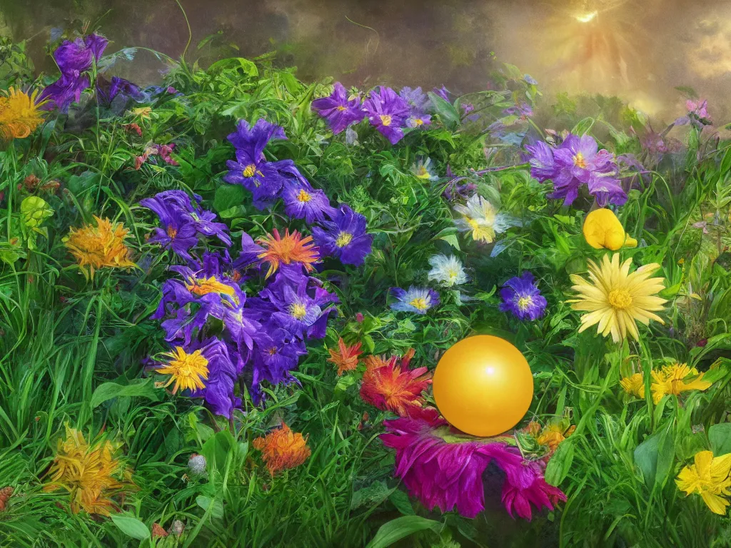 Prompt: sunlight study, the orb of kauai wildflower undergrowth, art nouveau, by cornelis de heem and ( ( ( ( ( lisa frank ) ) ) ) ), 8 k, sharp focus, octane render