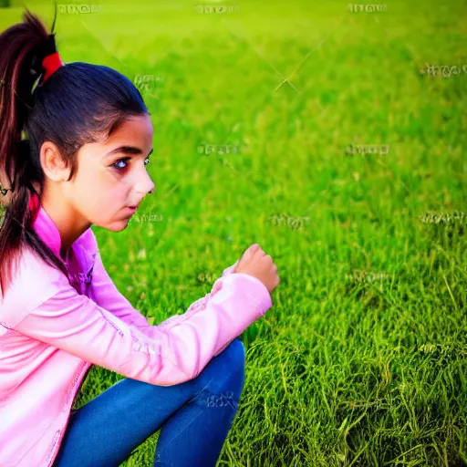 Image similar to a young spanish girl plays on a great green meadow, she wears a jacket, jeans and boots, she has two ponytails, photo taken by a nikon, highly detailed, sharp focus