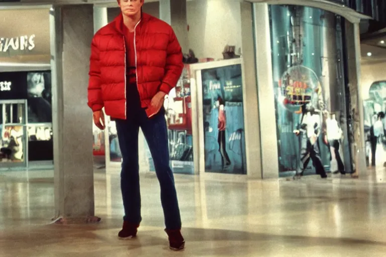 Image similar to marty mcfly modeling at a shopping mall