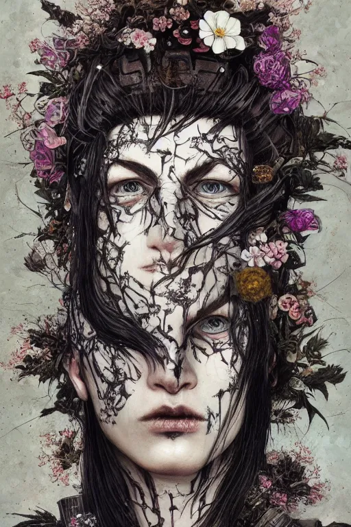 Image similar to portrait of beautiful young gothic man, cyberpunk armor, a lot of scars, more and more flowers, japanese style, warhammer, highly detailed, artstation, illustration, art by gustav klimt