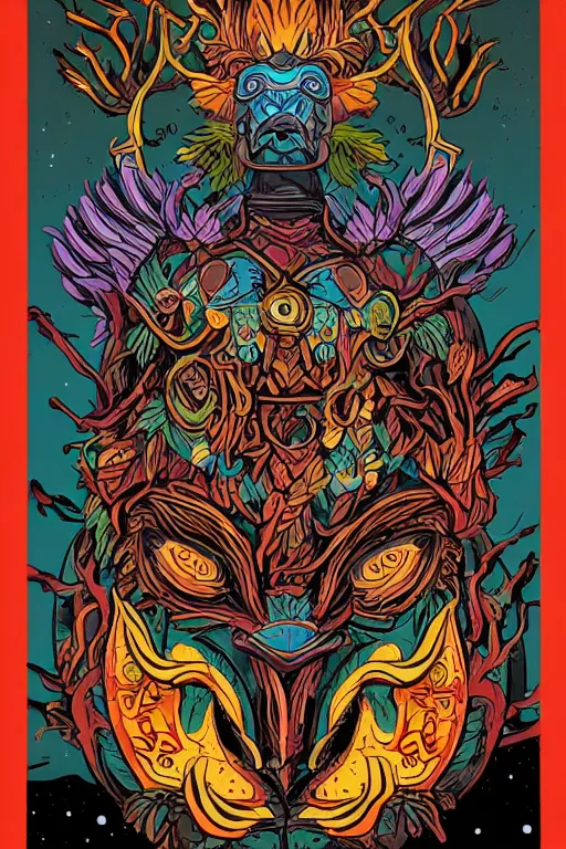 Image similar to animal mask totem roots flower tribal feather gemstone plant wood rock shaman vodoo video game vector cutout illustration vivid multicolor borderlands comics by josan gonzales and dan mumford radiating a glowing aura