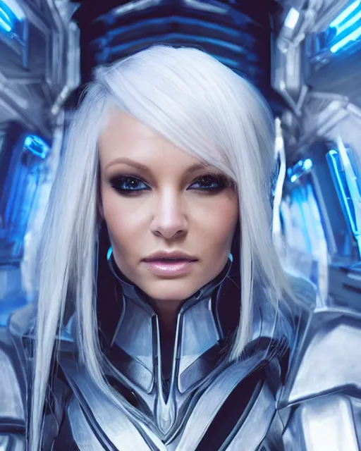 Image similar to perfect aidrafox with white hair, warframe armor, beautiful, dreamy, pretty face, blue eyes, portrait, bright light, scifi, utopian architecture in the background, laboratory, ultra realistic, intricate, glow, cinematic, extreme details, focused, masterpiece, art by seunghee lee, blair armitage