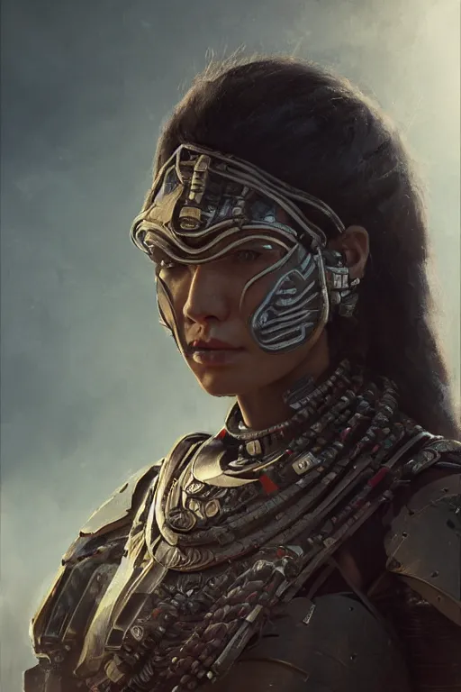 Image similar to a portrait of a tribal women with sci-fi armour by Greg Rutkowski, Sung Choi, Mitchell Mohrhauser, Maciej Kuciara, Johnson Ting, Maxim Verehin, Peter Konig, final fantasy , mythical, 8k photorealistic, cinematic lighting, HD, high details, atmospheric,