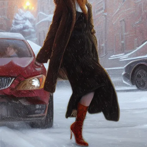 Image similar to ultra realistic illustration, emma stone getting out of a taxi in winter, intricate, elegant, highly detailed, digital painting, artstation, concept art, smooth, sharp focus, illustration, art by artgerm and greg rutkowski and alphonse mucha